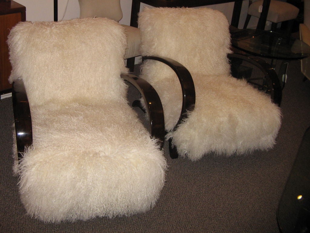 A Pair of Club Chairs in Tibetan Lamb Attr. to Jean Royere In Excellent Condition In New York, NY