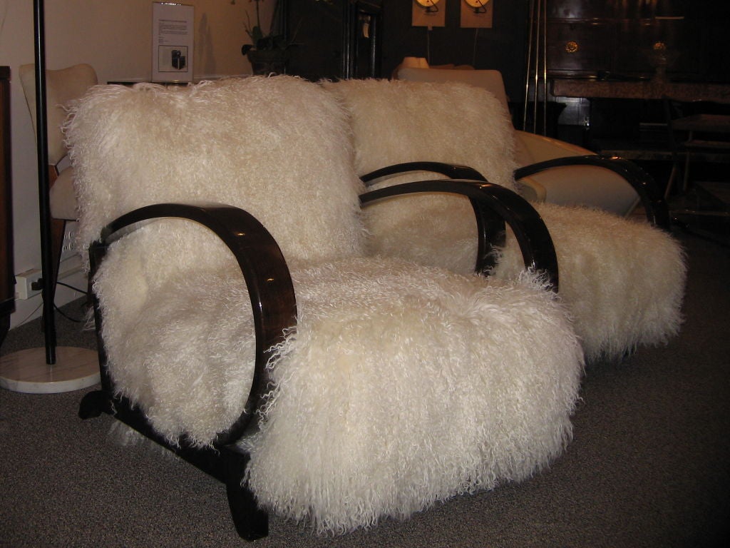 Mahogany A Pair of Club Chairs in Tibetan Lamb Attr. to Jean Royere