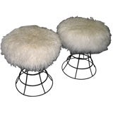 A Pair of Wire Cage Stools with Tibetan Lamb Upholstery