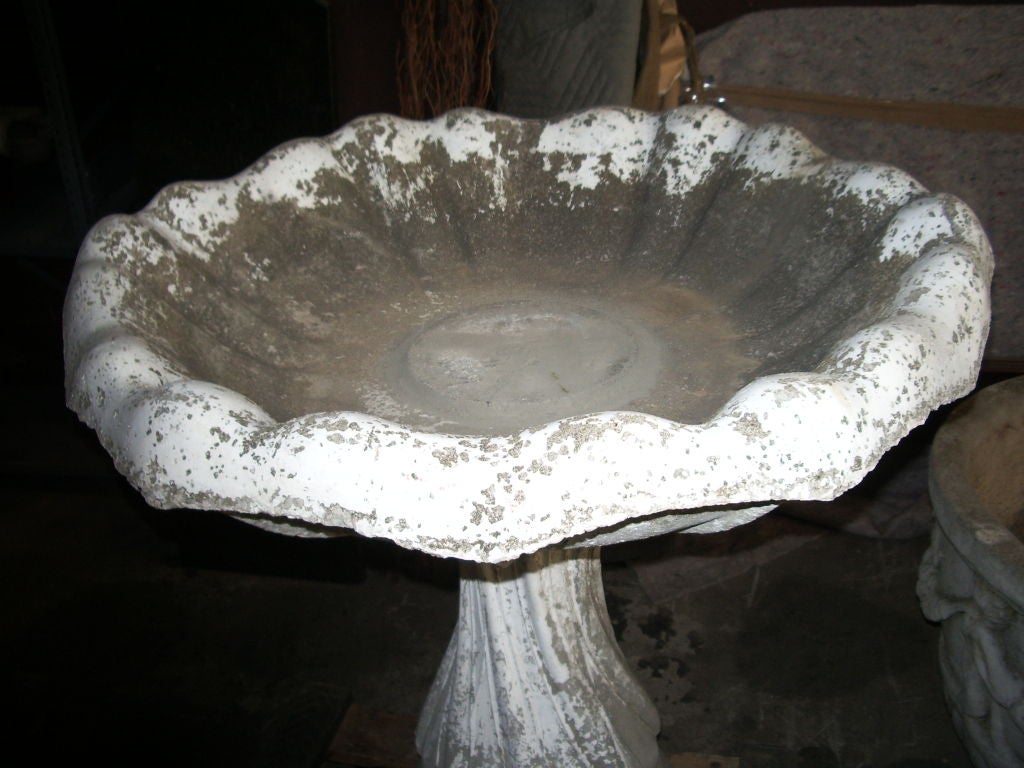 Large 2 part Cast Stone Bird Bath with original old peeling white paint. Located in dealers warehouse.
