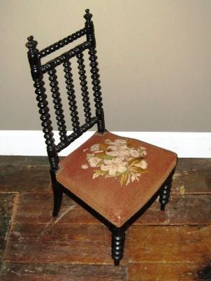 Tall back Napoleon III spool chair. Embroidered seat. Spool legs as well as back.