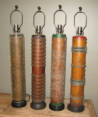 These lamps were made from old wallpaper rollers that were used to print the patterns onto the wallpaper. Four different styles are available as seen in the pictures.