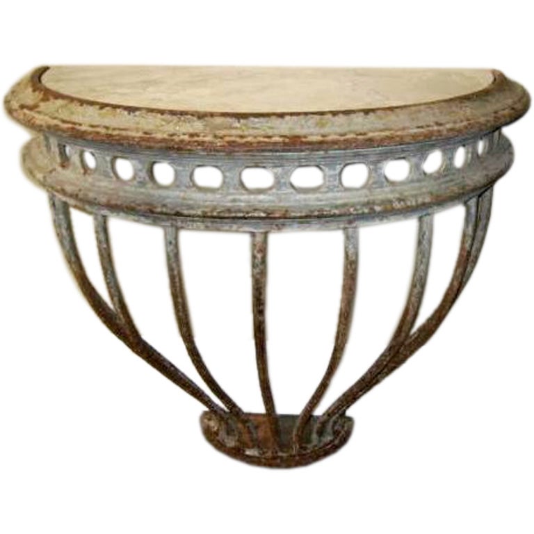19thC French Iron Demilune Table With A Marble Top