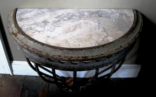 19th Century 19thC French Iron Demilune Table With A Marble Top