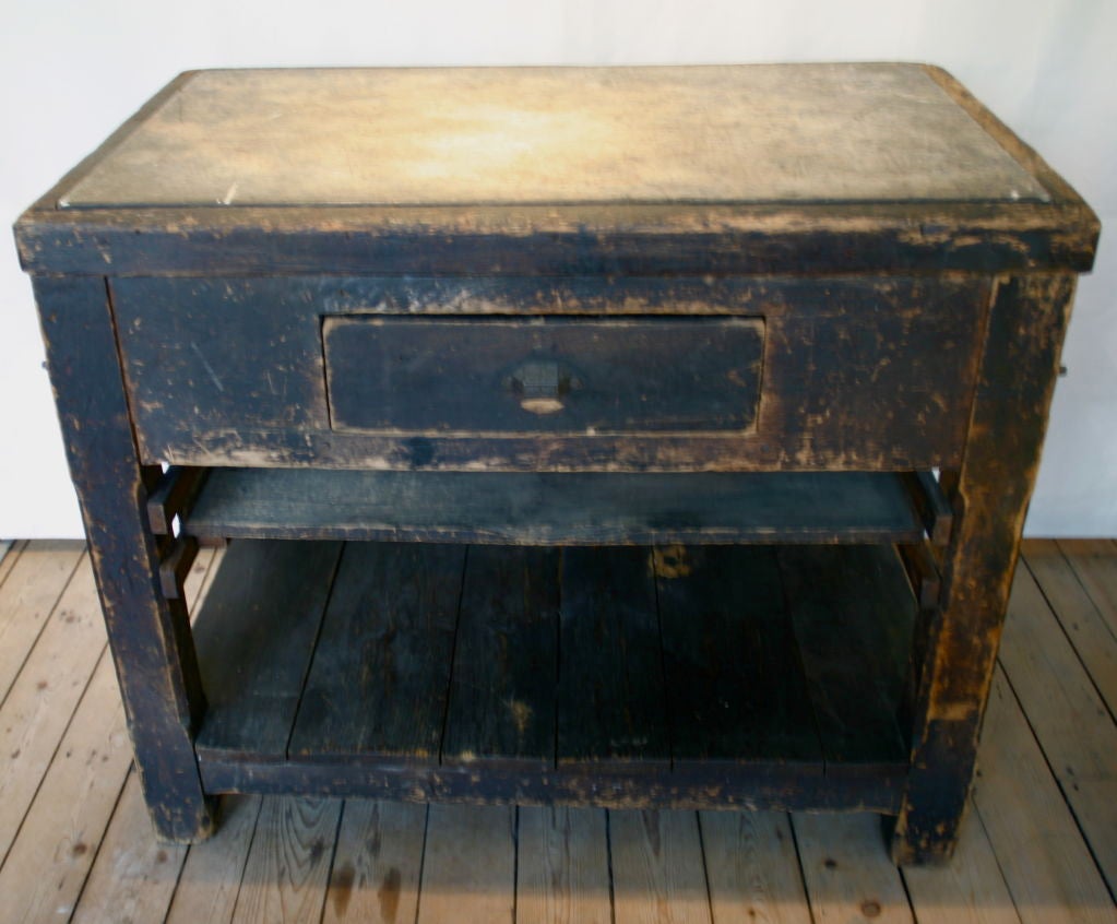 Large stone-topped printers work table.  From a newspaper shop in Norfolk, Va.<br />
Signed, The Hamilton Manufacturing Co.