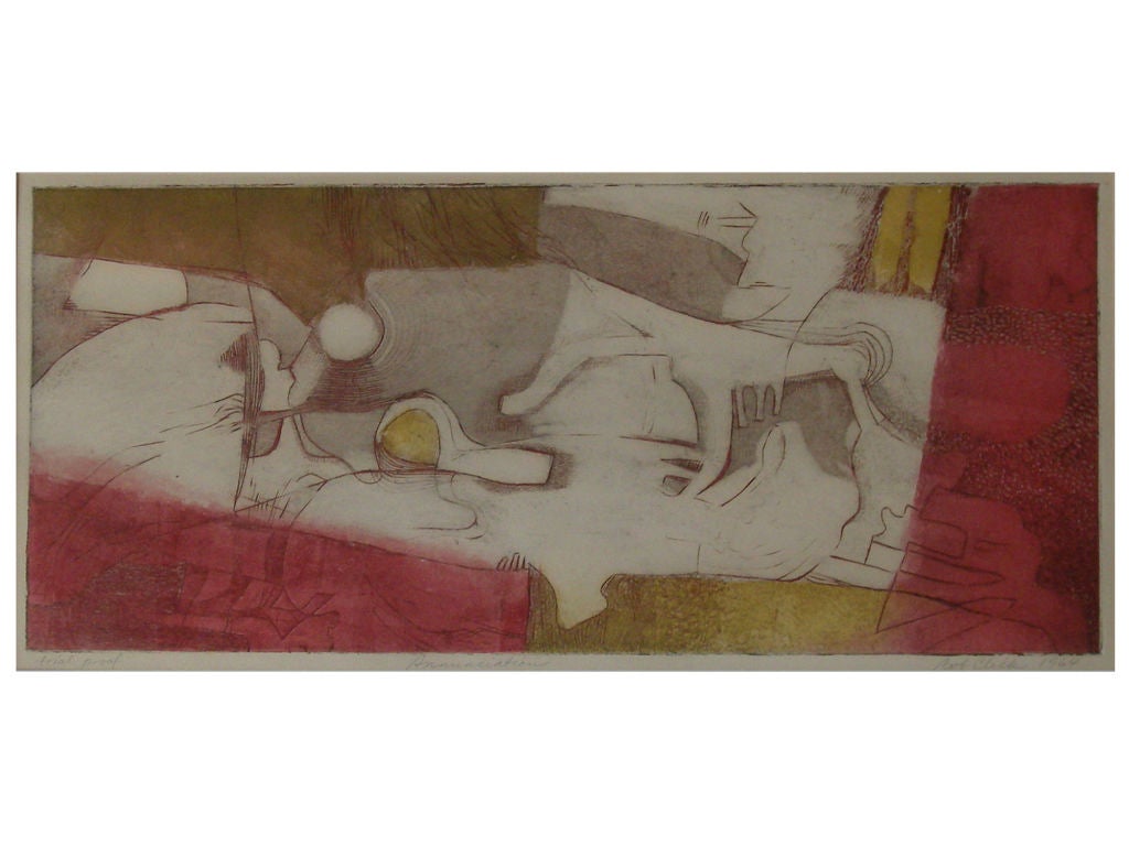 Chromograph. Marked: trial Proof. Annunciation, Bob Click, 1964 in reds and yellows and grays.