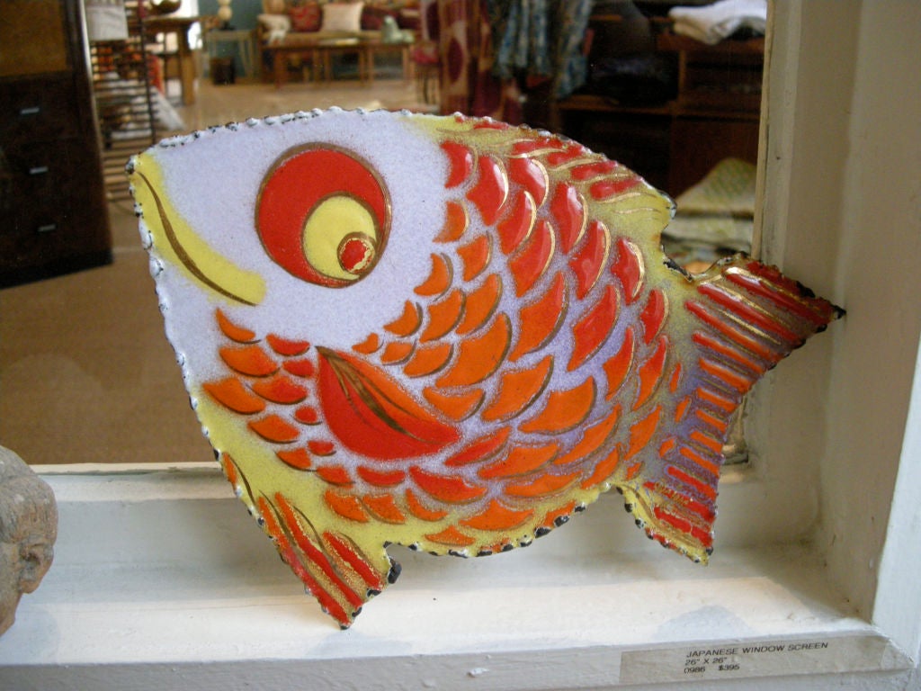 Playful Curtis Jere Fish. Metal with enamel in red, orange, yellow & grey. Gold paint. Signed.