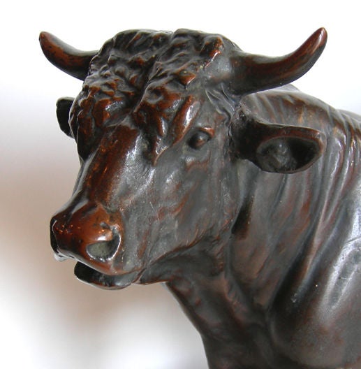 Isadore Jules Bonheur (French, 1827 - 1901), was renowned for his lifelike animal bronzes throughout the second half of the 1800's. This lovely bull was commissioned by the Bull Durham Tobacco Company as an executive sculpture. It is beautifully
