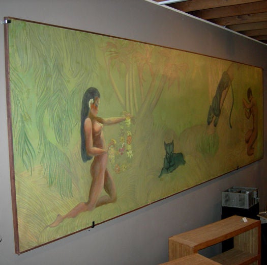 Recently uncovered in a Los Angeles estate, this fantastic painting certainly illustrates the Deco era's appetite for the exotic. All the elements of faraway fantasy are present, from the nude figures to the docile panthers. The grand scaled canvas