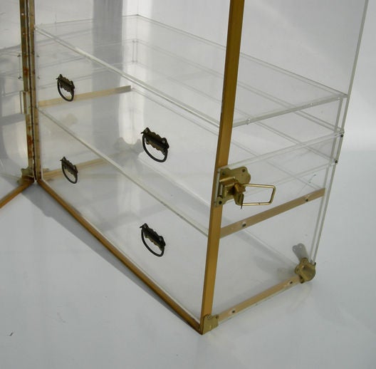 A great display for hanging clothes, this transparent closet is made to mimic an old steamer trunk, down to the brass corners and leather handles. There are two drawers on the bottom for other clothing, and shoes could be displayed on the lower