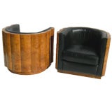 Vintage Art Deco Burled Wood and Leather Club Chairs