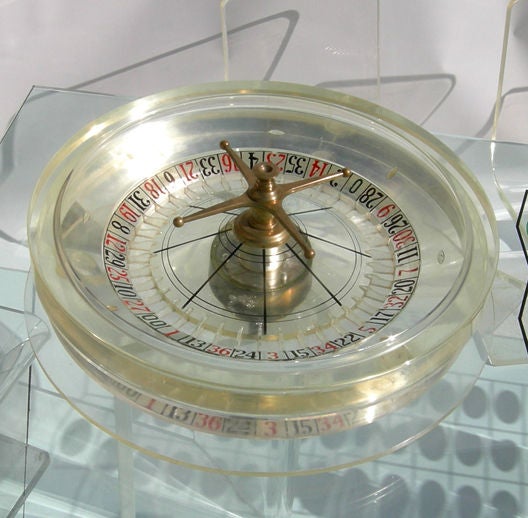 This set has been a labor of love! The inspiration came as we found the wonderful Lucite roulette wheel, and the table bases with four 