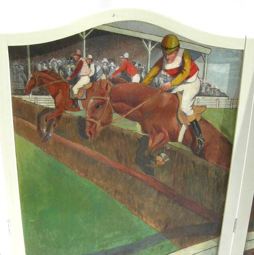 This item is included in our massive moving sale at Off the Wall Antiques on Melrose. All items at the Melrose location are 50% off!

This charming wooden three paneled screen is skillfully executed in oil paint, and depicts two horses jumping in