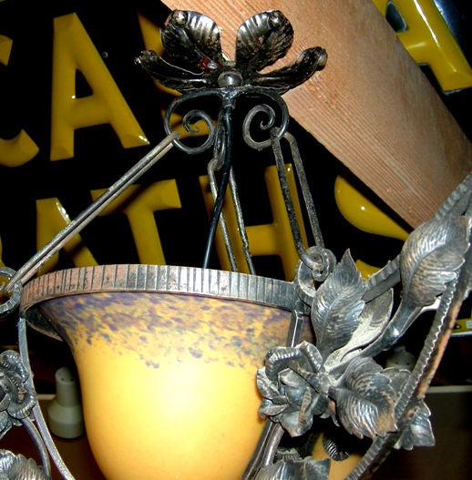 20th Century 20's 30's French Wrought Iron - Art Glass Chandelier style Galle