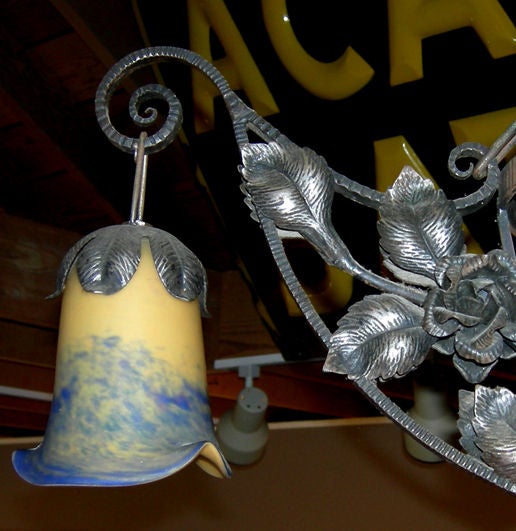 20's 30's French Wrought Iron - Art Glass Chandelier style Galle 1