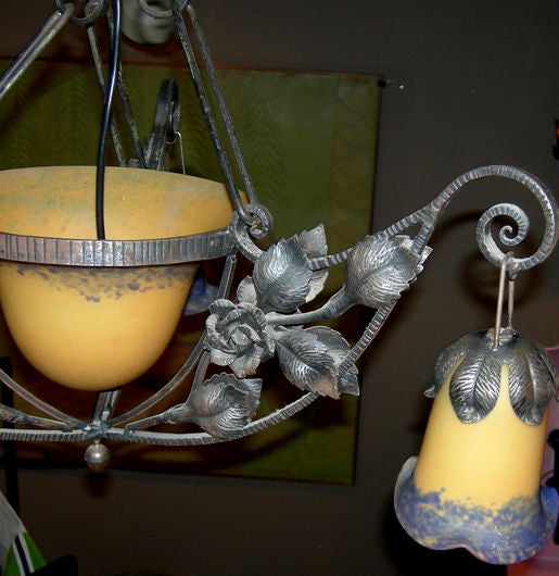 20's 30's French Wrought Iron - Art Glass Chandelier style Galle 4