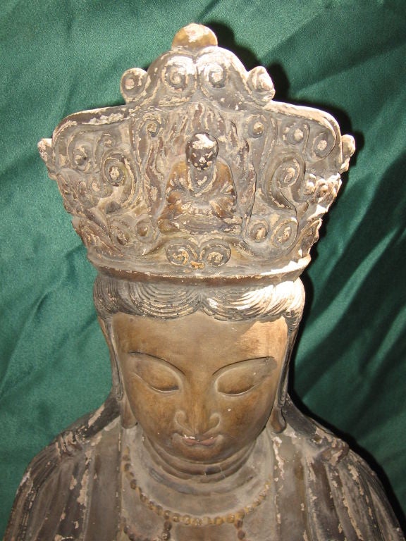 Gorgeous wooden statue of Quan Yin, goddess of tranquility. With original patina and detailing. Features sutra box in back.