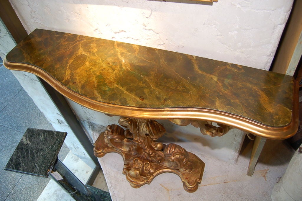 19th Century Early 1800s Italian Gold Giltwood Console with Faux Marble Top