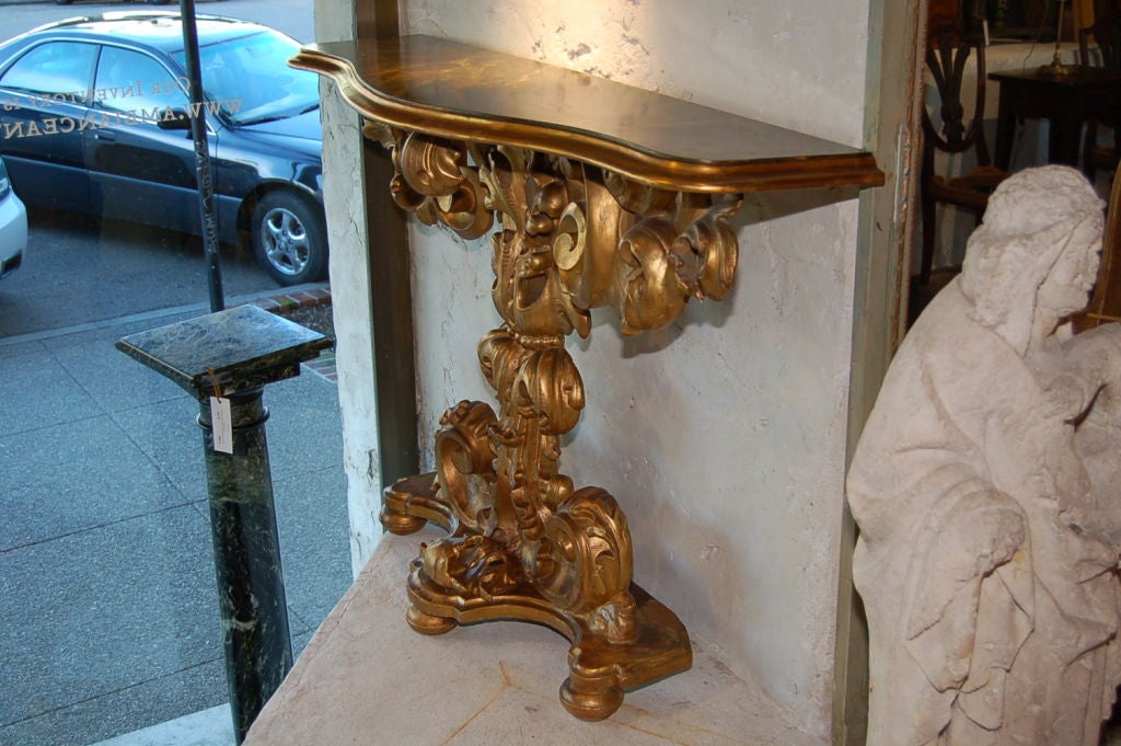 Wood Early 1800s Italian Gold Giltwood Console with Faux Marble Top