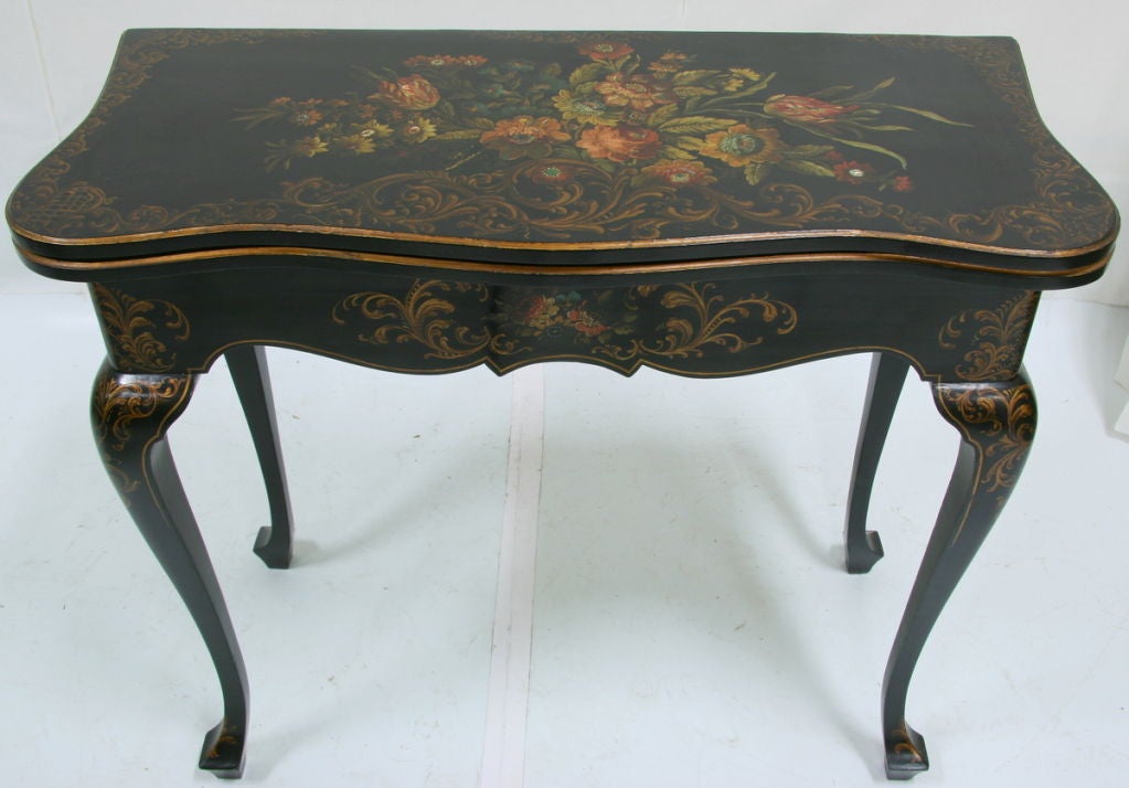 19th century Napoleon III painted game table (side table, sofa table).
 Measures: Open: 35'' W x 30.5'' D x 29'' H.
Closed: 35'' W x 15'' D x 30 H.