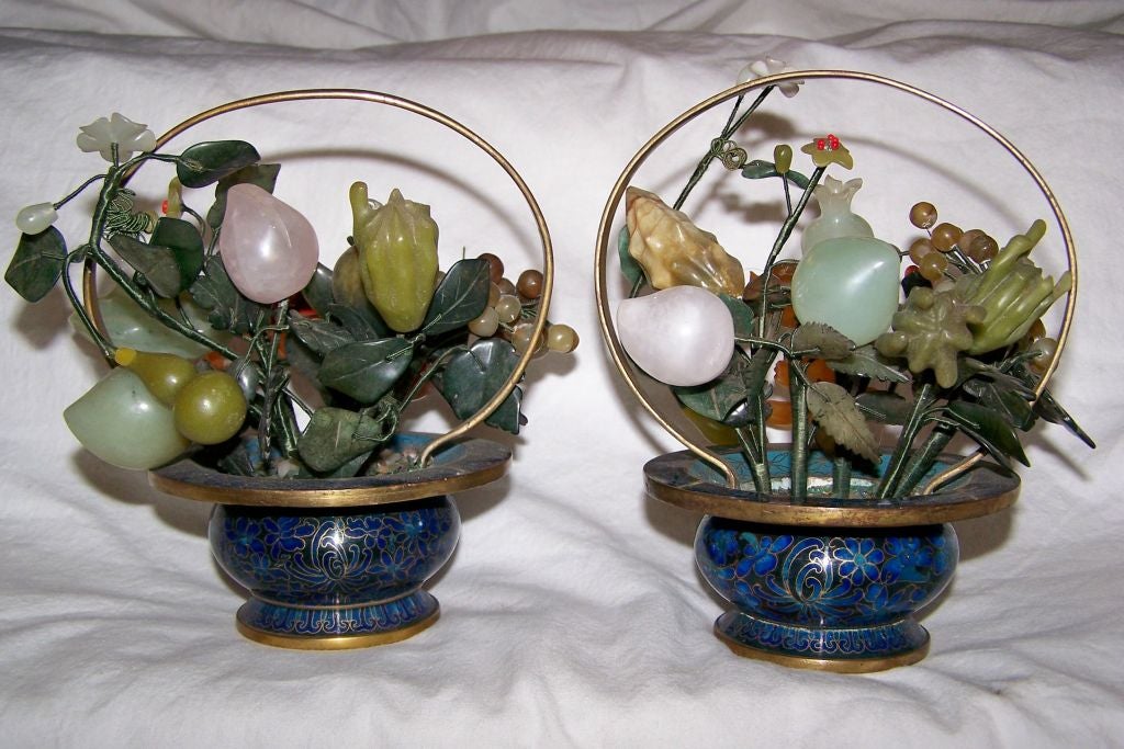 Pair of Small Chinese Cloisonne & Hard Stone Fruit Baskets 1