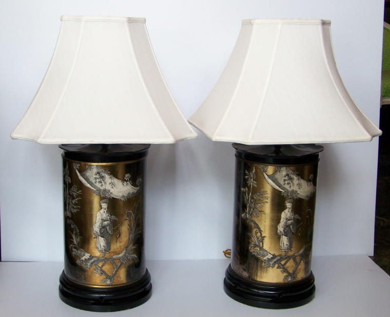 American Pair Hollywood Regency Style Eglomise Glass Lamps Mid Century For Sale
