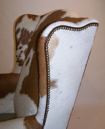 American Pair of Queen Anne Style Cowhide Upholstered Wing Chairs