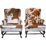 Vintage Pair of Queen Anne Style Cowhide Upholstered Wing Chairs