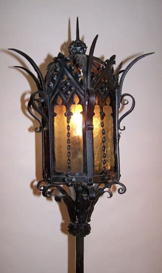 Wrought iron and steel Gothic style floor lamp with lantern top