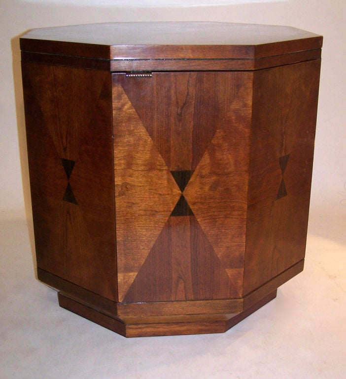 A pair of Henredon 'Scene 4' Art Deco inspired octagonal side cabinets/tables with one shelf. Walnut and Rosewood veneers.