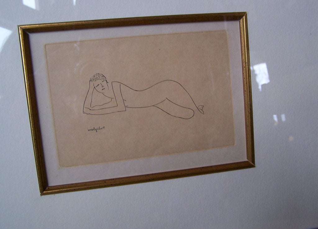 Reclining nude, framed behind glass. Signature on plate (reversed). Measurements are of actual etching.