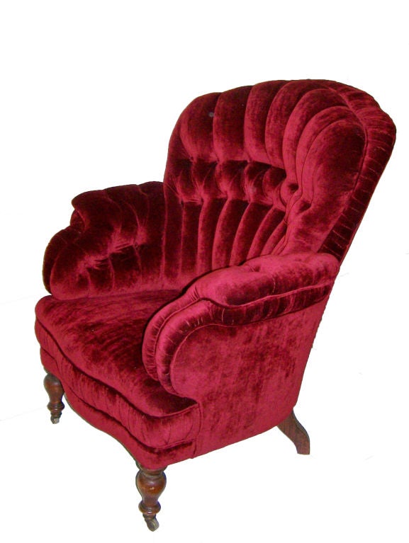 Extremely comfortable American burgundy velour upholstered Turkish armchair.