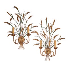 Pair Two Light Gilt and Painted Wheat Tole' Sconces, Italian Circa 1950