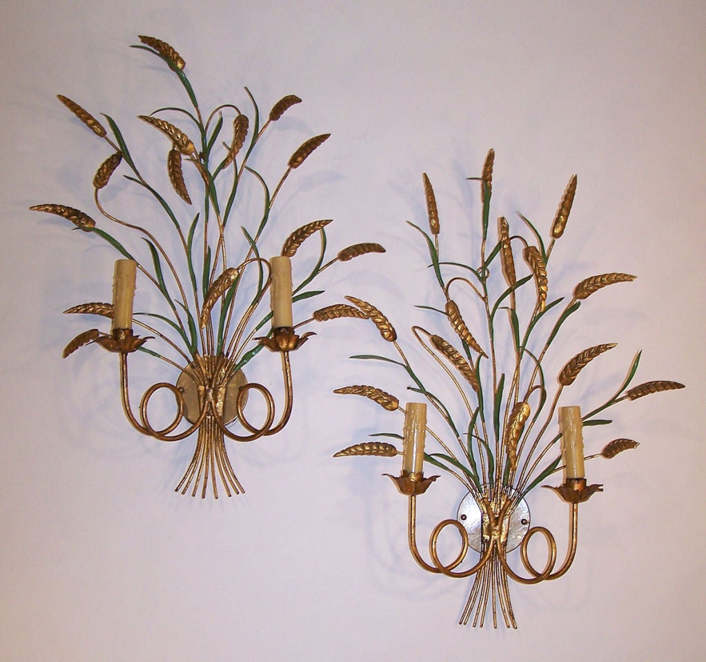 Carved Pair Two Light Gilt and Painted Wheat Tole' Sconces, Italian Circa 1950