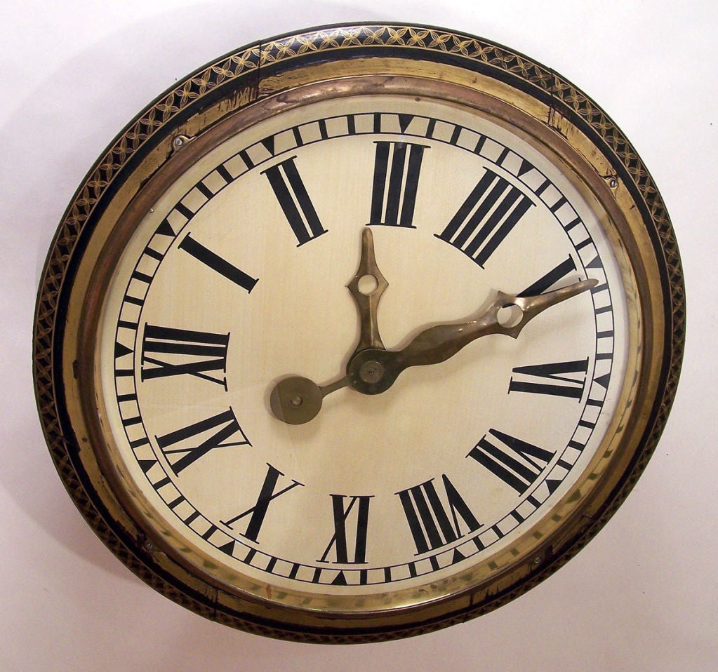 Fantastic old very large clock, probably originally hung in a bank or grand hotel. Gilt and black painted detail, with original hands, glass and brass bezel. Has been wired for electrical.