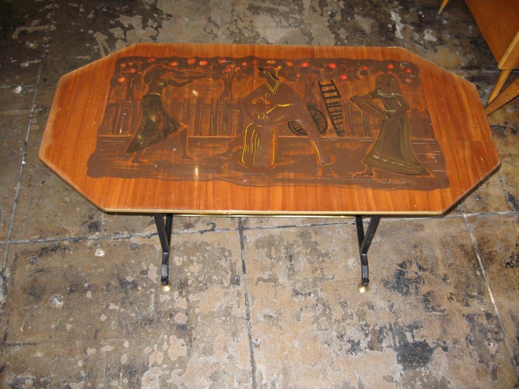 1950s, Italian coffee table, the top is hand-painted and lacquered, brass legs.