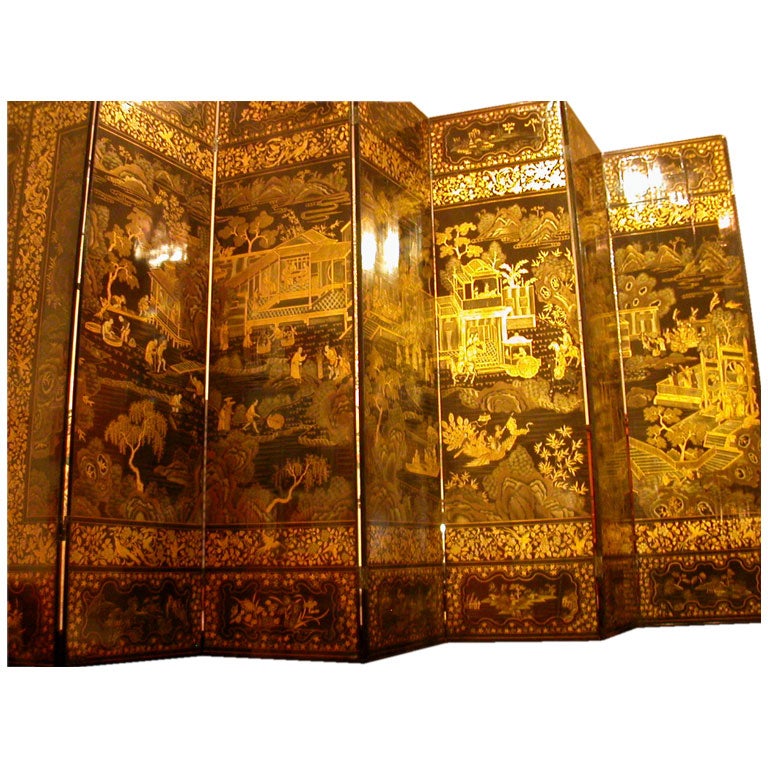 Chinese Export Black And Gilt Lacquer Eight Panel Screen For Sale