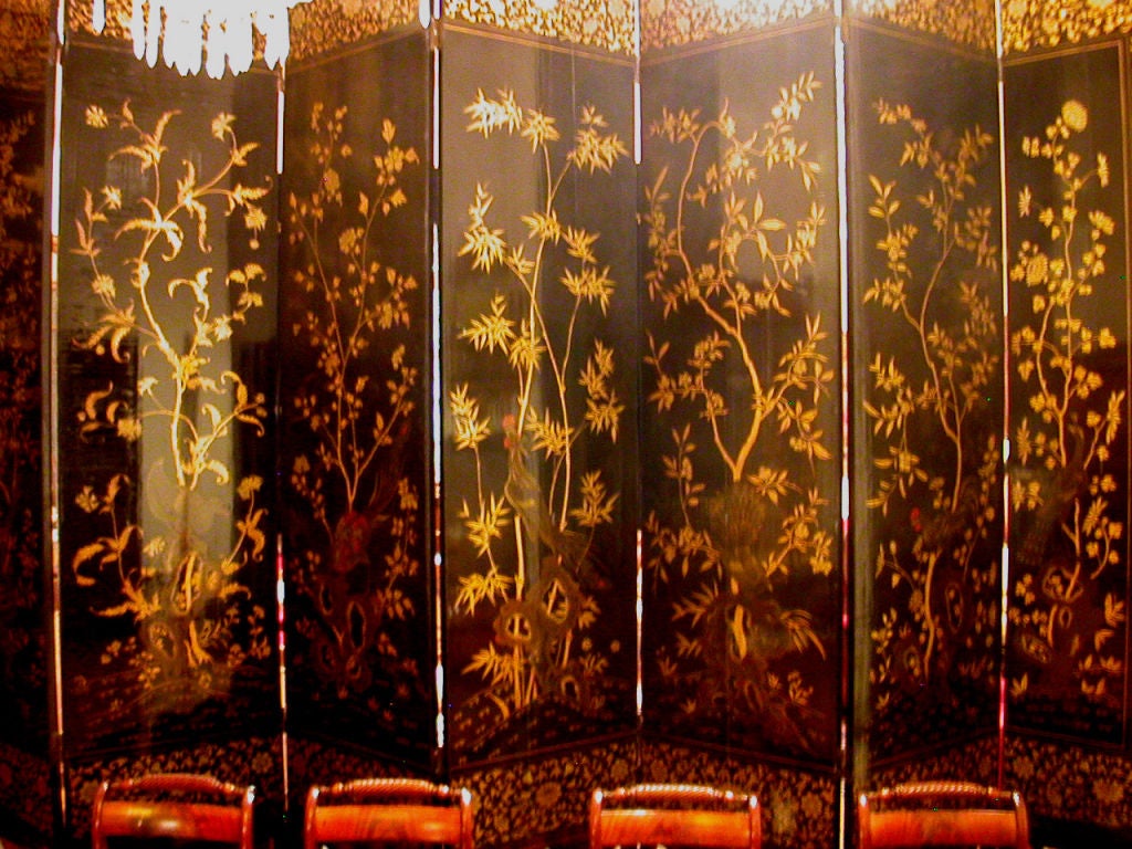 19th Century Chinese Export Black And Gilt Lacquer Eight Panel Screen For Sale