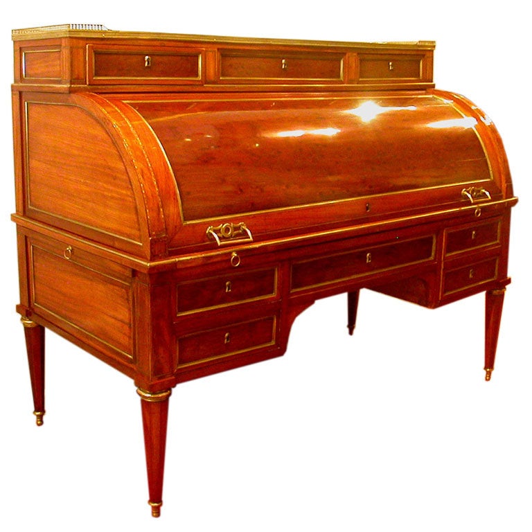 French Louis XVI Brass-mounted Inlaid Mahogany Cylinder Bureau For Sale