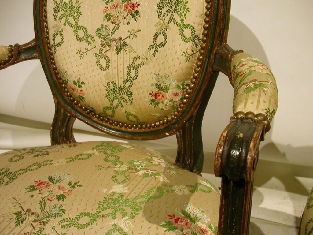 Pair Of French Louis XVI Painted And Gilt Fauteuils For Sale 2
