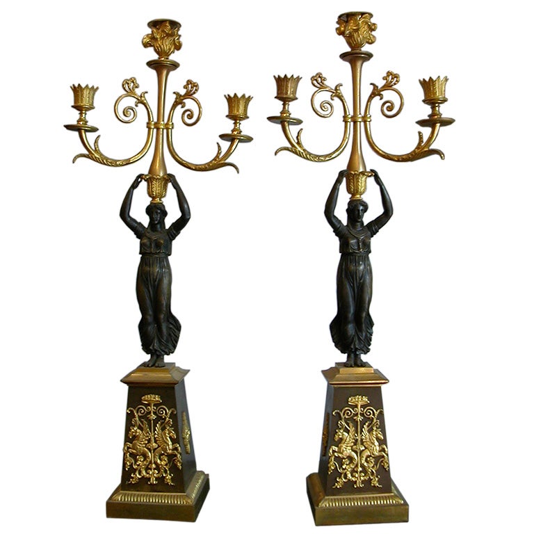 Pair Of French Empire Three-lights Bronze And Ormolu Candelabra For Sale