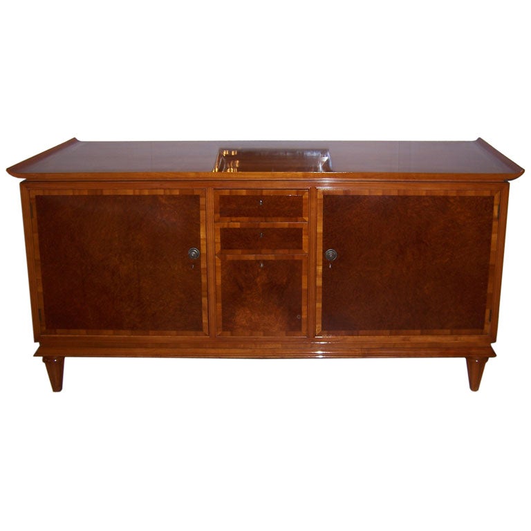 Custom Pagoda style Sideboard made in Germany, Pander German tag on inside of door. Cabinet doors with shelf inside on each side, two drawers and a drop down door for botles on the bottom