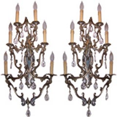 Pair of Large Brass and Crystal Sconces 7