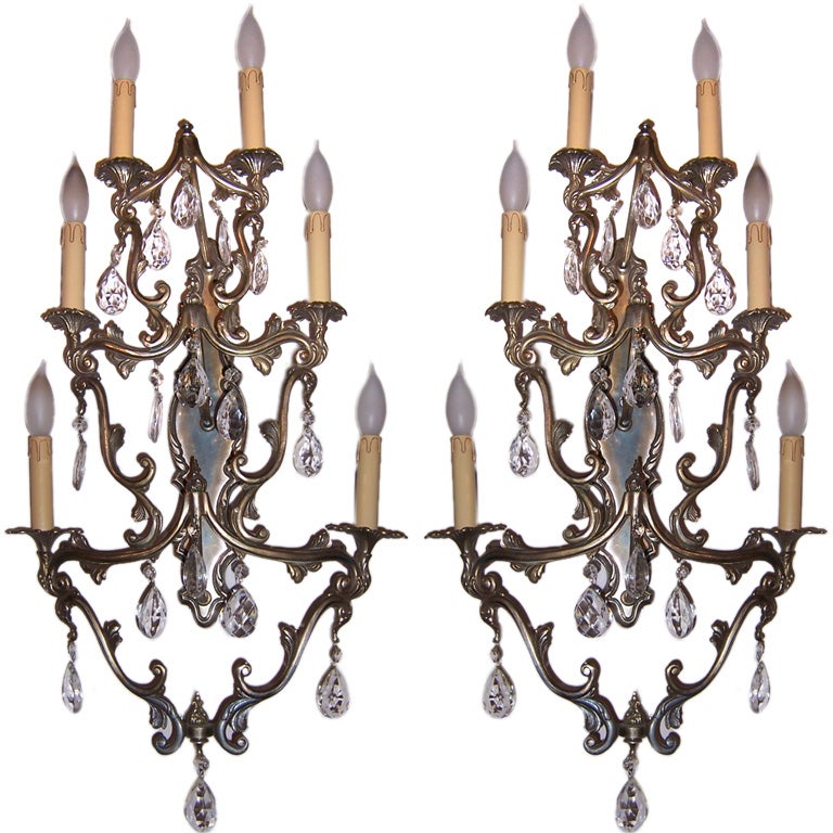 Pair of Huge Six Light Brass and Crystal Hollywood Regency Sconces