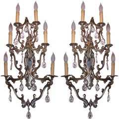 Pair of Huge Six Light Brass and Crystal Hollywood Regency Sconces