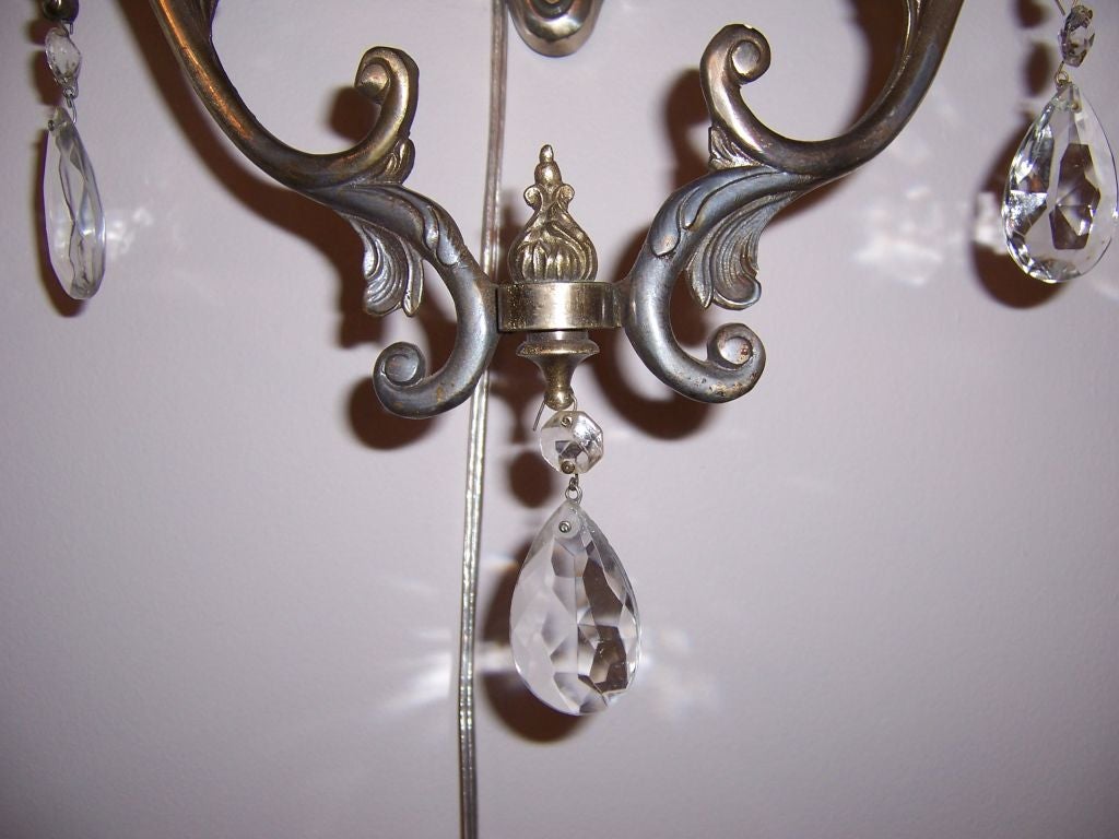 Pair of Huge Six Light Brass and Crystal Hollywood Regency Sconces