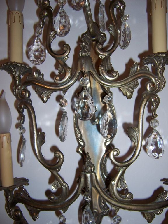 Spanish Pair of Huge Six Light Brass and Crystal Hollywood Regency Sconces