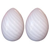 Pair of White Striped Murano Egg Lamps