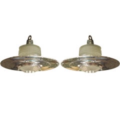 Pair of Large Molded Glass and Aluminium Shade Lights Pair of Large Molded Glass and Aluminium Shade Lights