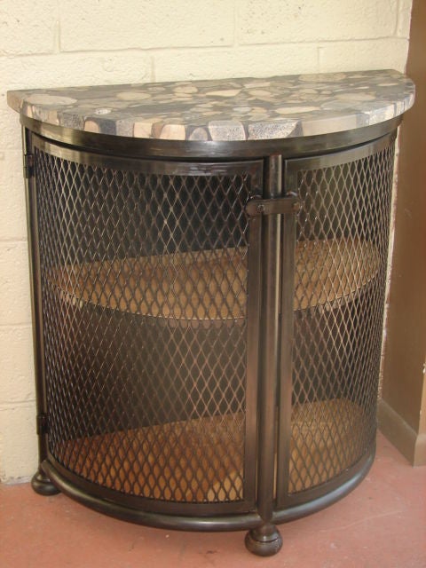 Steel and river stone demilune cabinet